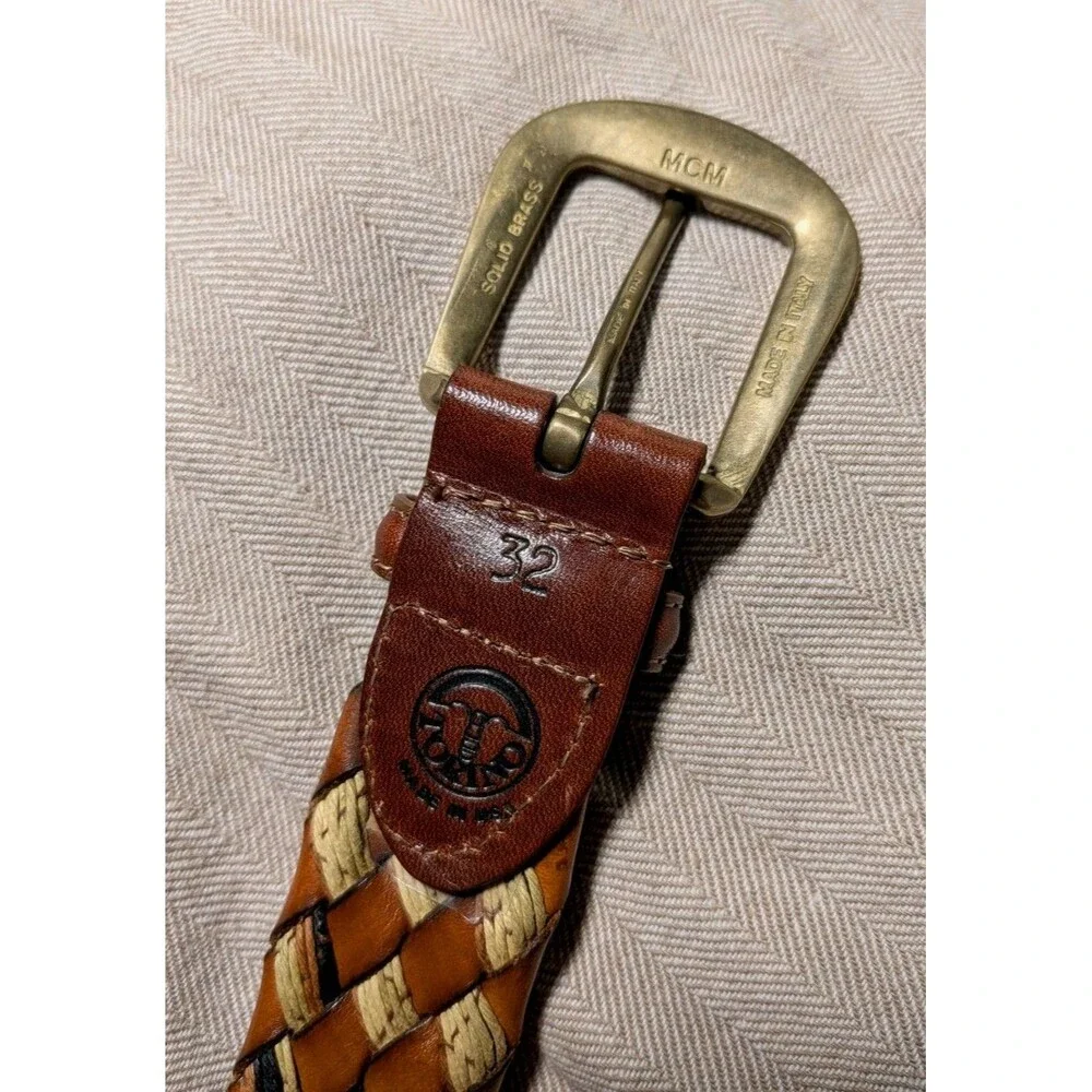 Torino Leather Co. Italian Leather Woven Cord Belt Brass MCM Buckle Mens 32